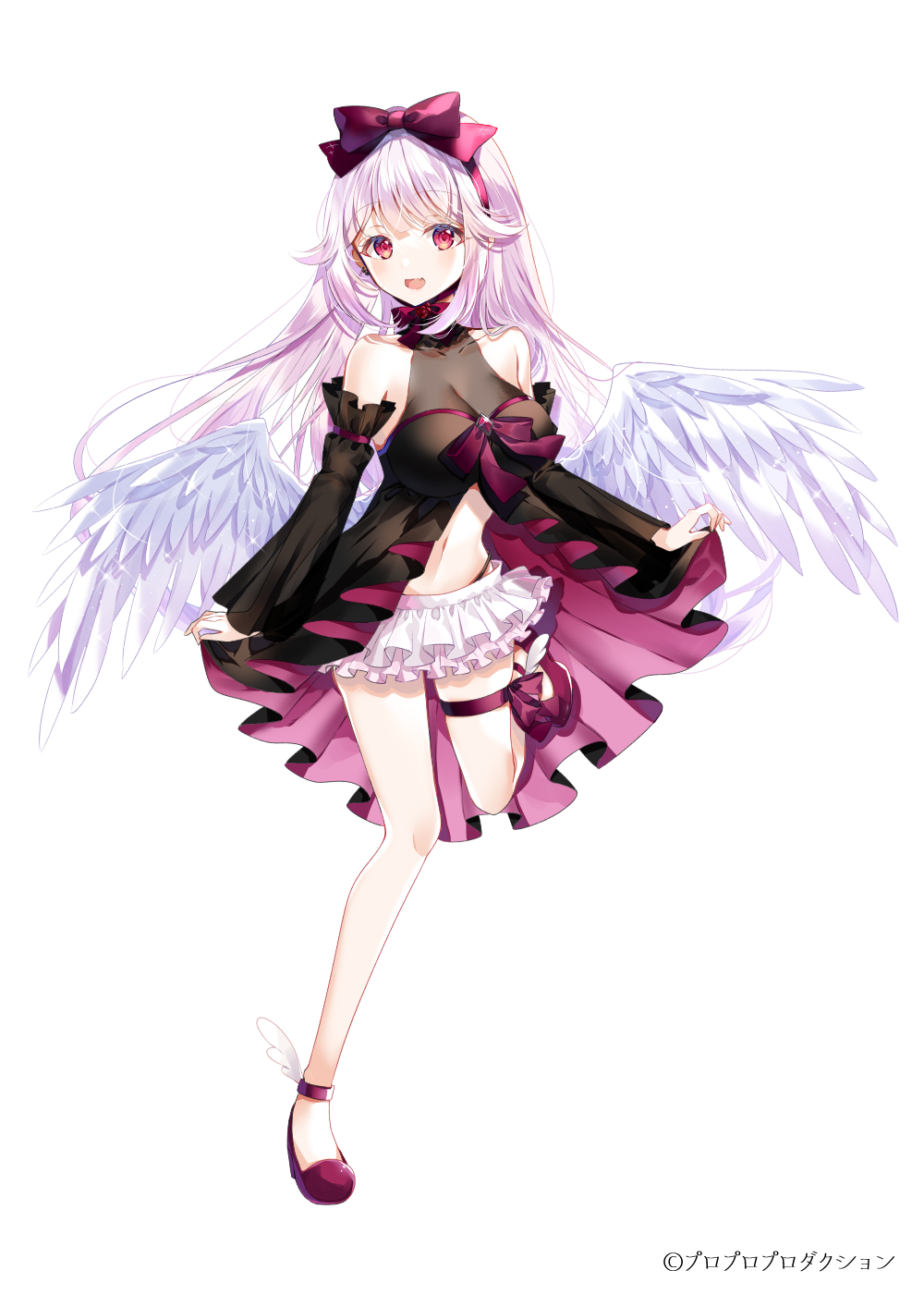 1girl, angel, angel_wings, black_sleeves, bow, commission, earrings, feathered_wings, feathers, highres, jewelry, low_wings, multicolored_hair, myusha, pro_production, purple_bow, sakura_isumi, virtual_youtuber, white_feathers, white_wings, wings