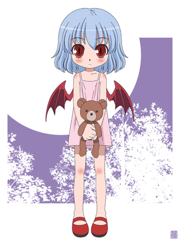 blue_hair, camisole, devil_wings, hatomugisan, lowres, mary_janes, red_eyes, remilia_scarlet