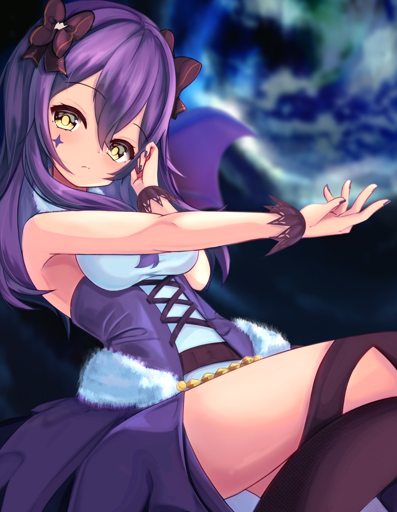 1girl, armpit_peek, bat_wings, black_bow, blue_skirt, blush, bobicess, bow