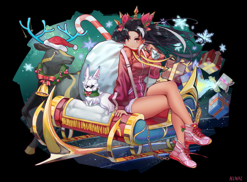 absurdres, antlers, bag, bare_legs, black_hair, box, christmas, christmas_tree