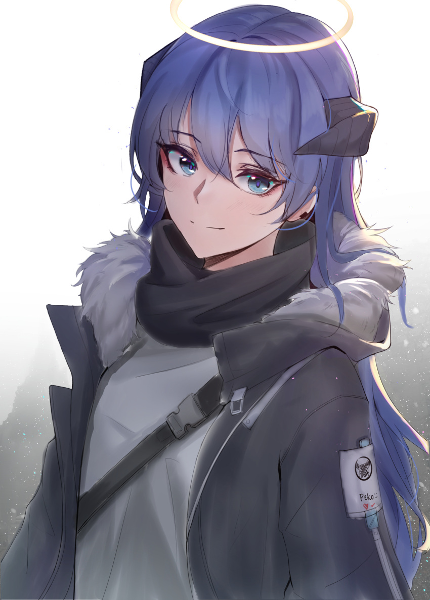 1girl, absurdres, arknights, black_horns, black_jacket, blue_eyes, blue_hair, closed_mouth