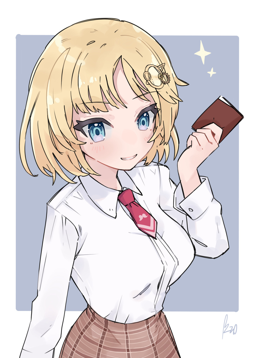 1girl, absurdres, bangs, blush, book, breasts, brown_skirt, collared_shirt, english_commentary, eyebrows_visible_through_hair, hair_ornament, highres, holding, holding_book, hololive, hololive_english, lucabassiart, medium_breasts, mini_necktie, monocle_hair_ornament, plaid, plaid_skirt, red_neckwear, shirt, shirt_tucked_in, skirt, smile, solo, sparkle, virtual_youtuber, watson_amelia, white_shirt