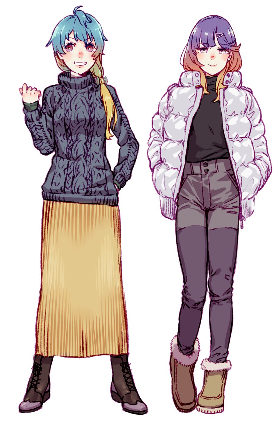 2girls, alternate_costume, black_pants, blonde_hair, blue_hair, boots, coat, cross-laced_footwear