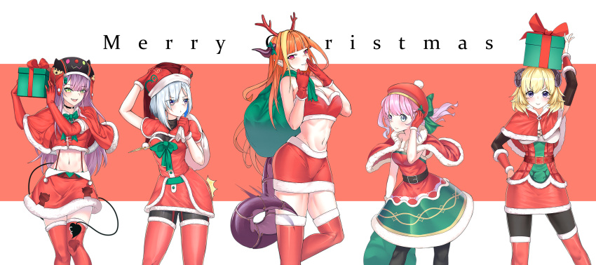 2ndeminence, 5girls, :>, :t, absurdres, amane_kanata, antlers, arms_up