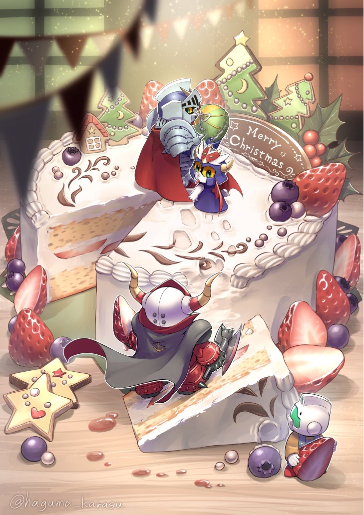 artist_name, axe, blueberry, cake, cape, chibi, food, fruit, gm_(mobile_suit), gundam, haguma_karasu, holding, holding_axe, holding_food, holding_fruit, horns, knight_gundam, looking_back, mecha, no_humans, sd_gundam, sd_gundam_gaiden, strawberry_shortcake, v-fin