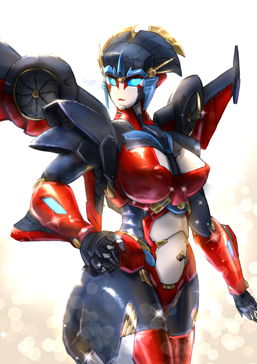 1girl, absurdres, airplane_wing, autobot, blue_eyes, breasts, covered_nipples, hand_on_hip, highres, large_breasts, looking_to_the_side, mecha, no_humans, oberon826, solo, thick_thighs, thighs, transformers, windblade