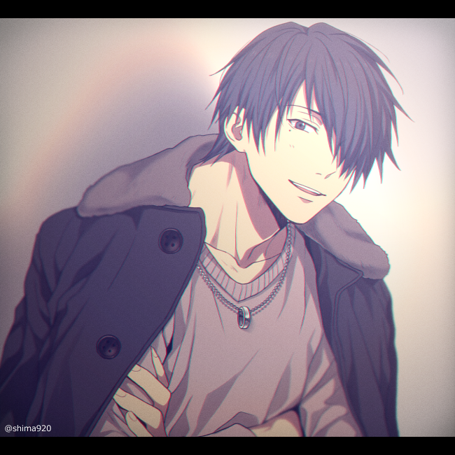 1boy, :d, bangs, black_coat, black_hair, blurry, blush, buttons, cardigan, casual, coat, collarbone, commentary_request, crossed_arms, depth_of_field, gradient, gradient_background, grey_background, grey_cardigan, hair_over_one_eye, himuro_tatsuya, jewelry, kuroko_no_basuke, letterboxed, long_sleeves, male_focus, mashima_shima, necklace, open_clothes, open_coat, open_mouth, ring_necklace, short_hair, simple_background, smile, solo, twitter_username, upper_body, upper_teeth