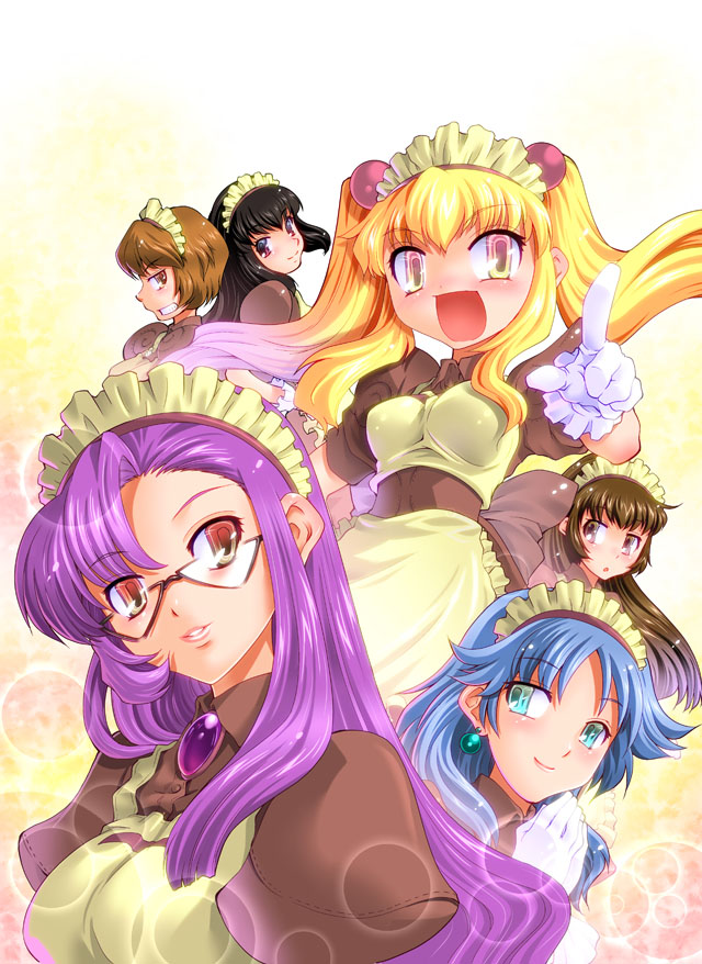 6+girls, apron, bangs, black_hair, blonde_hair, blossom_(ragnarok_online), blue_eyes, blue_hair, breasts, brown_dress, brown_eyes, brown_hair, closed_mouth, collared_dress, commentary_request, curly_sue, dress, earrings, eyebrows_visible_through_hair, gem, glasses, gloves, hair_between_eyes, hair_bobbles, hair_ornament, jasmine_(ragnarok_online), jewelry, kafra_uniform, large_breasts, leilah_(ragnarok_online), long_hair, looking_at_viewer, looking_back, looking_to_the_side, maid_apron, maid_headdress, medium_hair, mizuki_hitoshi, multiple_girls, open_mouth, pavianne_(ragnarok_online), ponytail, puffy_short_sleeves, puffy_sleeves, purple_hair, ragnarok_online, red_eyes, roxie_(ragnarok_online), short_hair, short_sleeves, sidelocks, smile, teeth, twintails, upper_body, waist_apron, white_apron, white_gloves, yellow_background, yellow_eyes