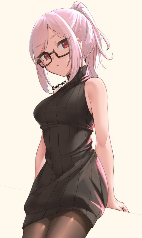 1girl, arm_support, bangs, black-framed_eyewear, black_legwear, closed_mouth, cowboy_shot, dress