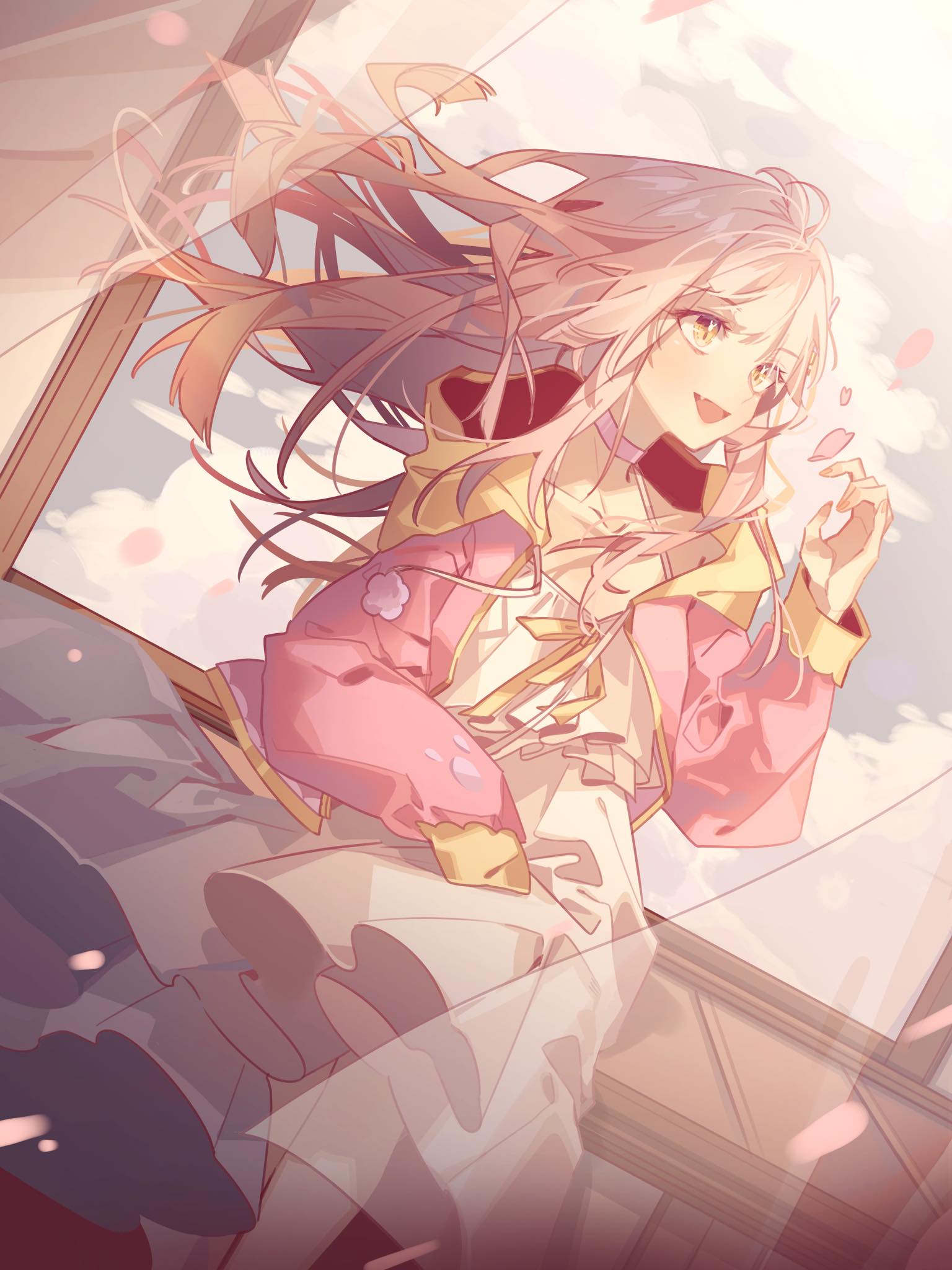 1girl, choker, clouds, dress, floating_hair, highres, hood, hoodie, open_mouth, original, petals, ribbon, solo, white_dress, white_hair, wind, window, yuan_haruka