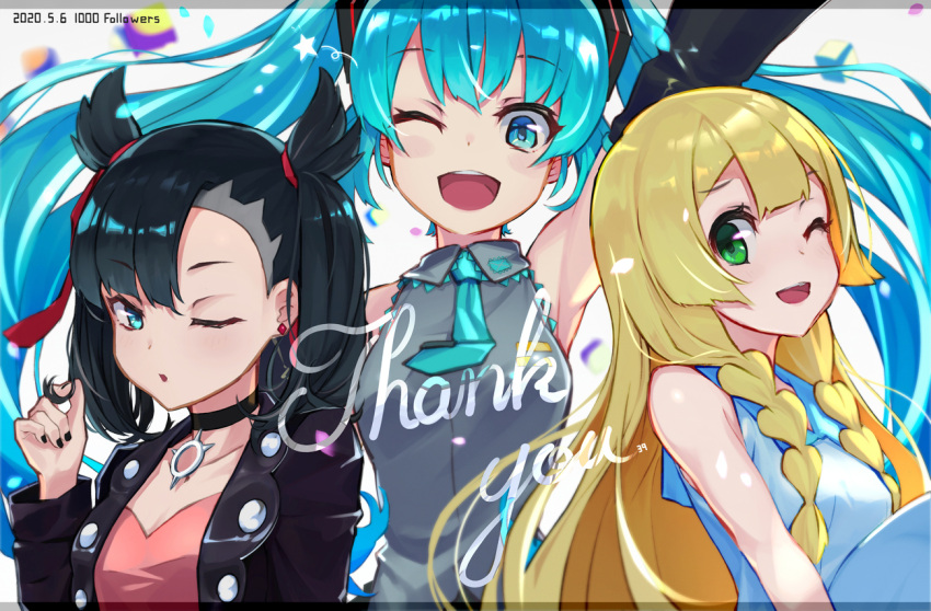3girls, ;d, aqua_eyes, aqua_hair, aqua_neckwear, arm_up, asymmetrical_bangs, asymmetrical_hair