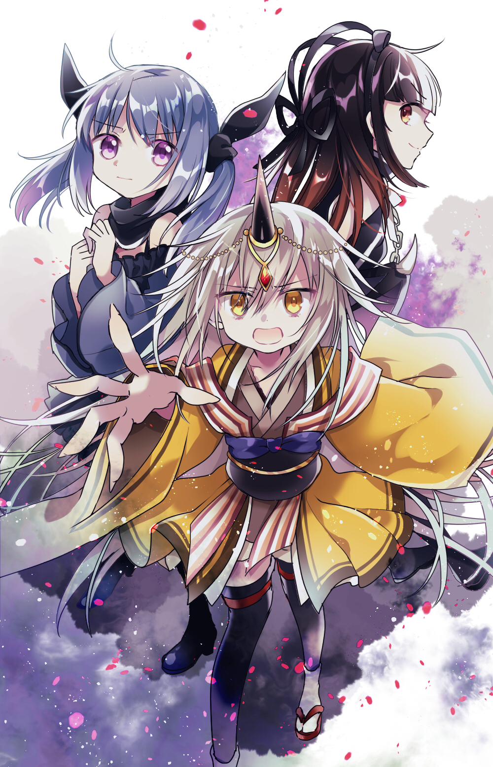 3girls, ayumaru_(art_of_life), black_bow, black_hair, black_ribbon, black_scarf, blonde_hair, blue_hair