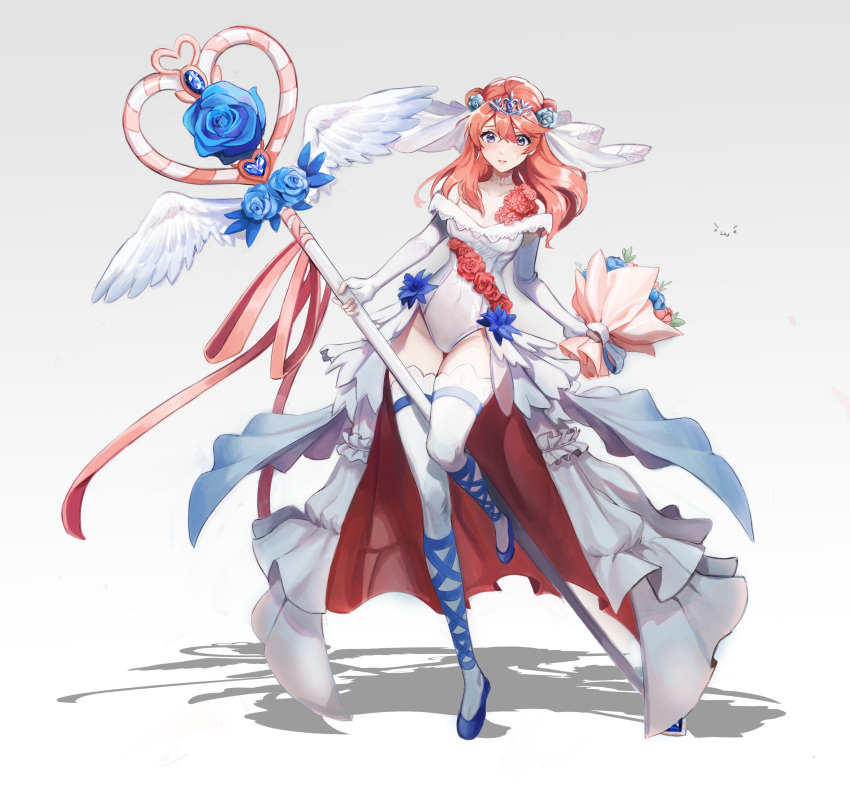 1girl, absurdres, bare_shoulders, blue_flower, blue_footwear, blue_rose, blush, bouquet, chap_yun, choker, collarbone, covered_navel, crying, dress, earrings, elbow_gloves, feathered_wings, fingerless_gloves, fingernails, flower, gem, gloves, gradient, gradient_background, hair_between_eyes, heart, highres, holding, holding_bouquet, holding_staff, jewelry, long_hair, orange_hair, original, parted_lips, pink_flower, red_flower, rose, shadow, solo, staff, stud_earrings, tears, thigh-highs, tiara, veil, violet_eyes, white_dress, white_gloves, white_legwear, wings, yellow_flower