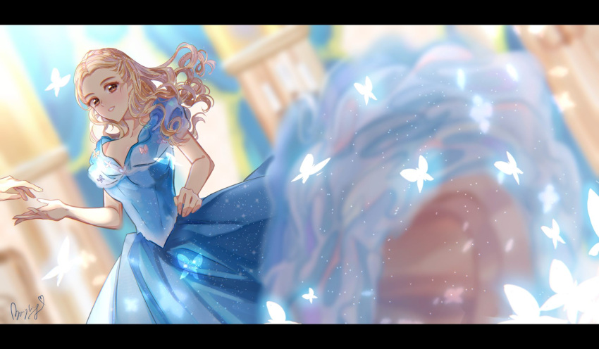 1girl, blonde_hair, blue_dress, brown_eyes, bug, butterfly, dress, highres