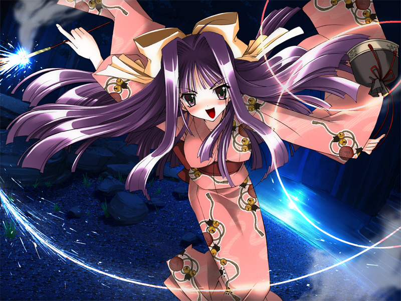 blush, fireworks, game_cg, japanese_clothes, light_trail, long_hair, mano_erika, mitama_no_yuki
