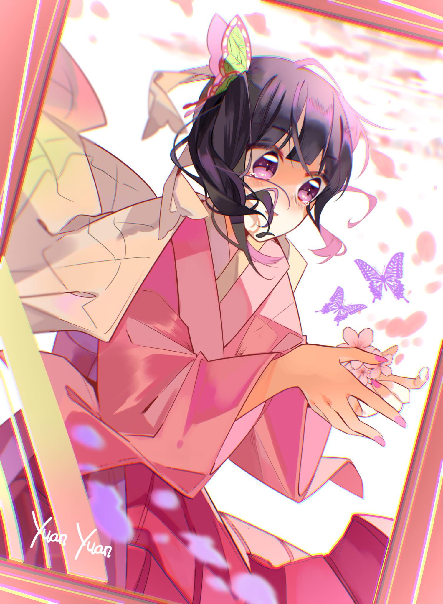 bug, butterfly, butterfly_hair_ornament, cloak, flower, hair_ornament, hakama, highres