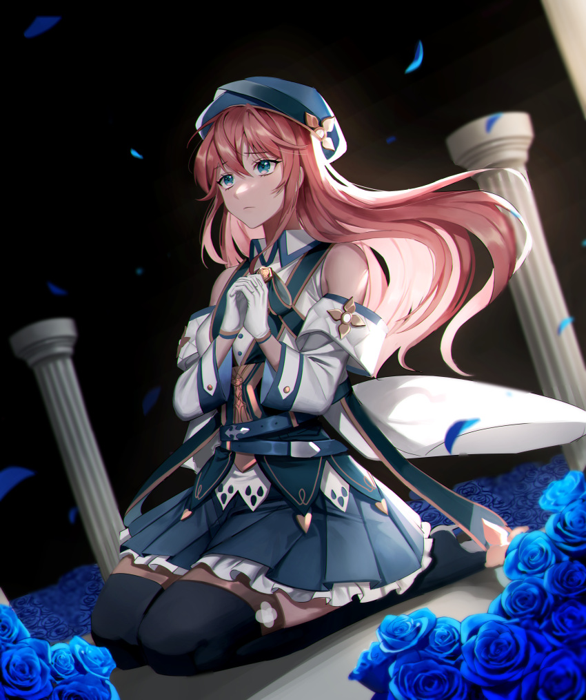 1girl, absurdres, bare_shoulders, black_legwear, blue_eyes, blue_flower, blue_headwear, blue_rose
