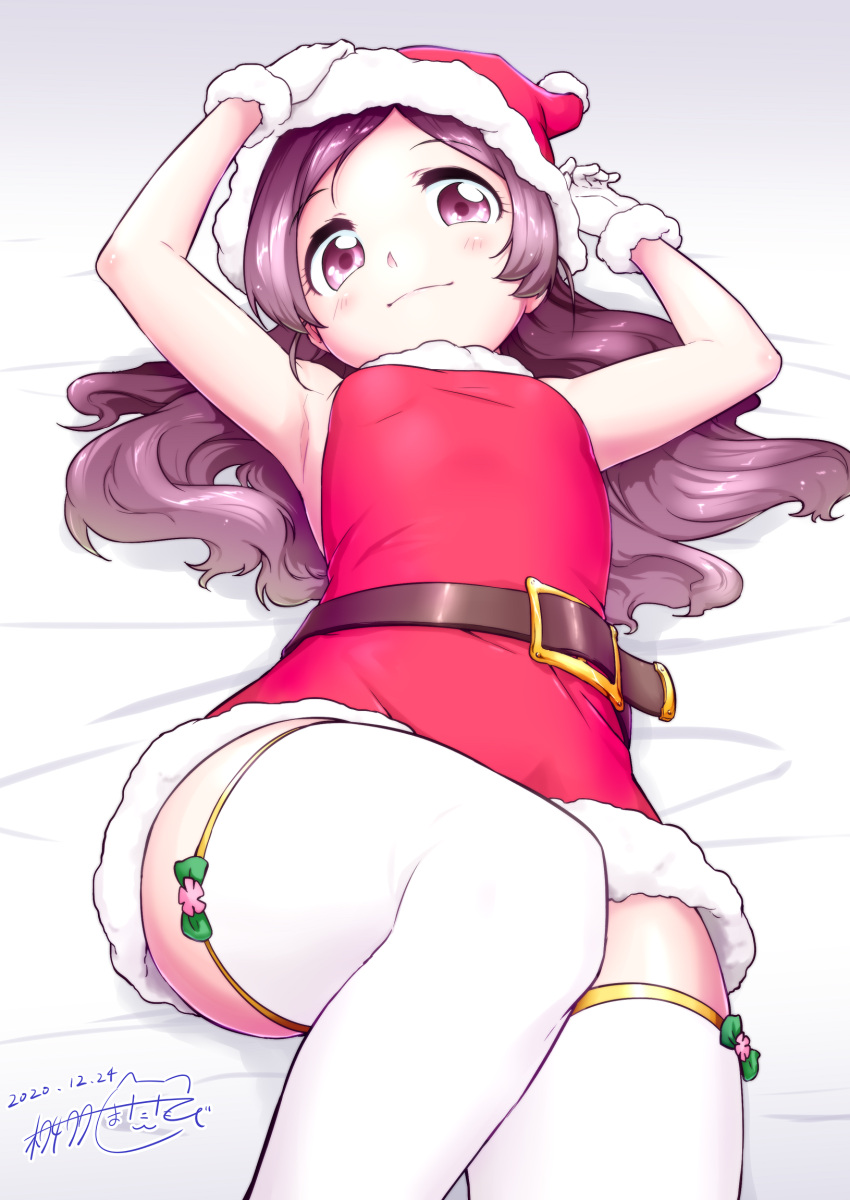 1girl, armpits, arms_up, bed_sheet, belt, bow, bow_legwear, check_commentary