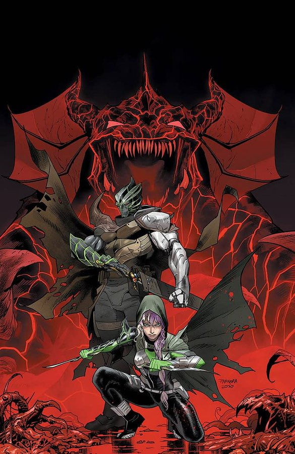 1girl, 2boys, astronema_(power_rangers), black_pants, cape, character_request, claws, corpse, cover, cover_page, dagger, dan_mora, dark_specter_(power_rangers), demon, ecliptor, fangs, grey_pants, holding, holding_dagger, holding_weapon, hood, monster, multiple_boys, official_art, open_mouth, pants, power_rangers, power_rangers_in_space, red_eyes, sharp_teeth, spikes, sword, teeth, weapon
