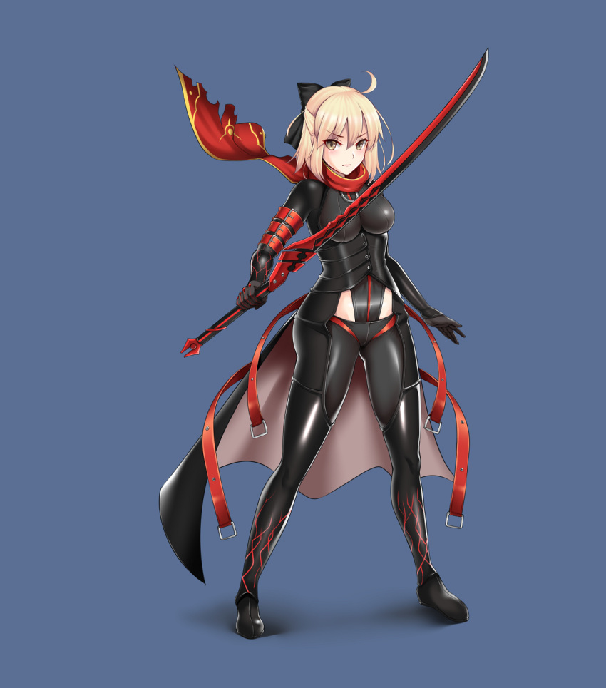 1girl, ahoge, black_bow, black_footwear, black_gloves, blonde_hair, bodysuit, boots