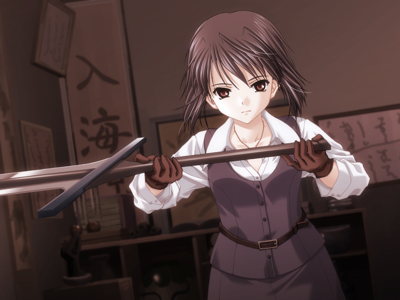 1girl, blacksmith, brown_eyes, brown_hair, female, game_cg, glare, glaring