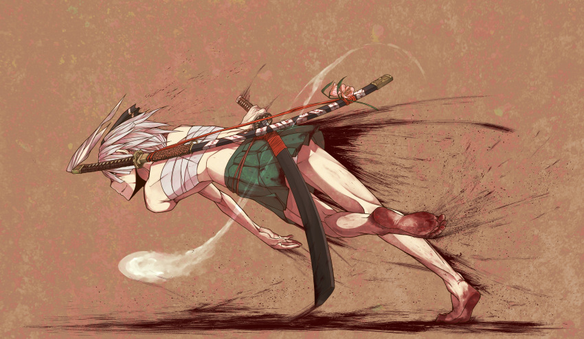 1girl, absurdres, adapted_costume, arm_at_side, back, bandages, bangs, bare_legs