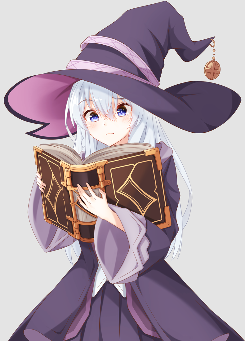 1girl, angel_ina, blue_eyes, book, commentary, elaina_(majo_no_tabitabi), eyebrows_visible_through_hair, hat, holding, long_hair, majo_no_tabitabi, robe, simple_background, solo, white_hair, wide_sleeves, witch_hat
