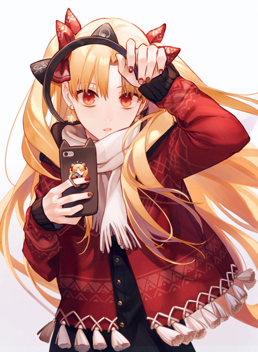 1girl, animal_ears, bangs, bell, blonde_hair, breasts, cat_ears, cellphone