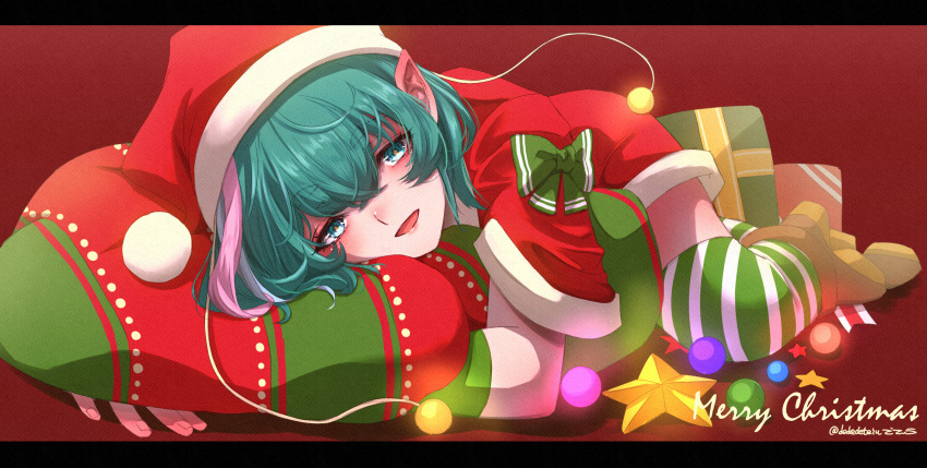 1girl, :d, antennae, aqua_eyes, aqua_hair, boots, bow, box, christmas, christmas_lights, christmas_ornaments, commentary, decorations, dededeteiu, eyebrows_visible_through_hair, full_body, gift, gift_box, green_bow, green_legwear, hagoromo_lala, hair_between_eyes, hat, head_rest, highres, letterboxed, light_blue_hair, lips, lying, merry_christmas, multicolored_hair, on_stomach, open_mouth, pink_hair, pointy_ears, precure, red_background, sack, santa_costume, santa_hat, short_hair, signature, simple_background, smile, solo, star-shaped_pupils, star_(symbol), star_in_eye, star_twinkle_precure, streaked_hair, striped, striped_legwear, symbol-shaped_pupils, symbol_in_eye, thigh-highs, twitter_username, white_legwear