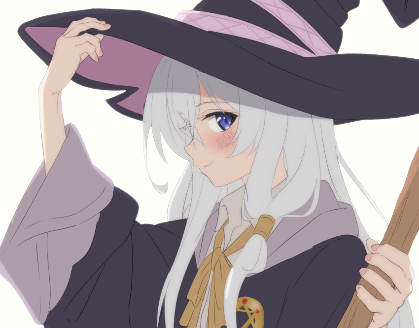 1girl, black_headwear, blue_eyes, blush, closed_mouth, elaina_(majo_no_tabitabi), hand_on_headwear, hand_up