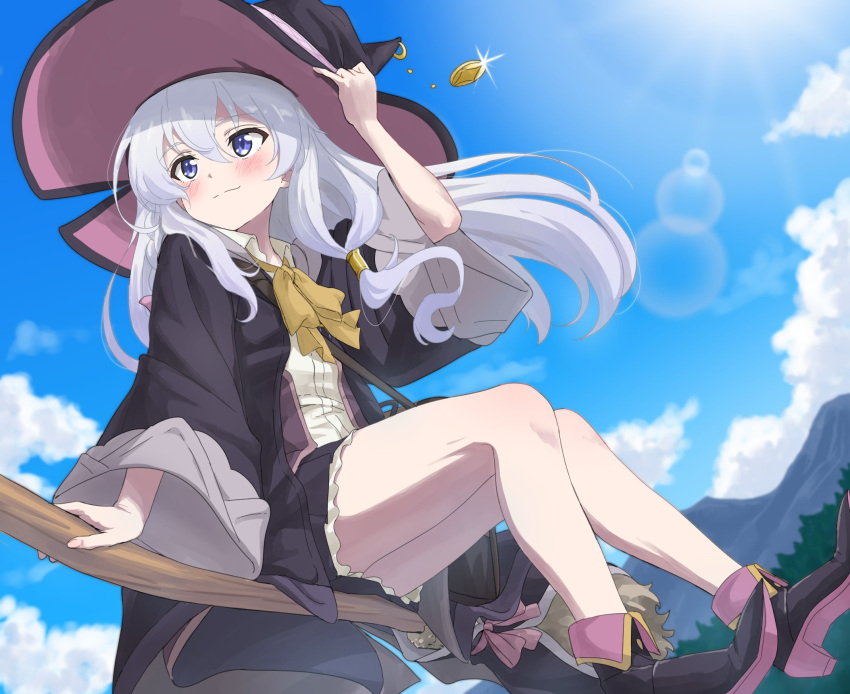 1girl, black_footwear, black_headwear, blue_eyes, blue_sky, blush, broom, broom_riding, closed_mouth, clouds, commentary_request, day, elaina_(majo_no_tabitabi), hair_between_eyes, hat, highres, legs, light_rays, long_hair, long_sleeves, majo_no_tabitabi, outdoors, ribbon, shoes, sky, smile, solo, sunbeam, sunlight, thighs, trg-_(sain), white_hair, witch_hat, yellow_neckwear, yellow_ribbon