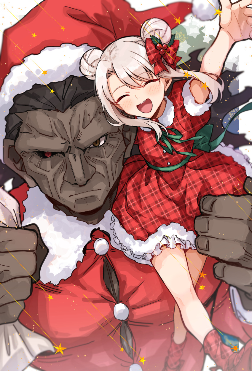 0wsaa0, 1boy, 1girl, :d, ^_^, absurdres, arm_up, berserker, blush, boots, bow, christmas, closed_eyes, closed_mouth, dark_skin, dark_skinned_male, double_bun, dress, fate/stay_night, fate_(series), fur-trimmed_dress, fur-trimmed_sleeves, fur_collar, fur_trim, giant, giant_male, hair_bow, hat, heterochromia, highres, illyasviel_von_einzbern, looking_at_viewer, open_mouth, plaid, plaid_dress, plaid_footwear, red_dress, red_footwear, santa_costume, santa_hat, shirt, short_sleeves, sidelocks, silver_hair, sitting_on_shoulder, size_difference, smile, taut_clothes, taut_shirt