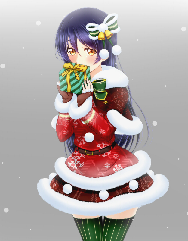 1girl, bangs, blue_hair, box, capelet, christmas, christmas_ornaments, commentary_request