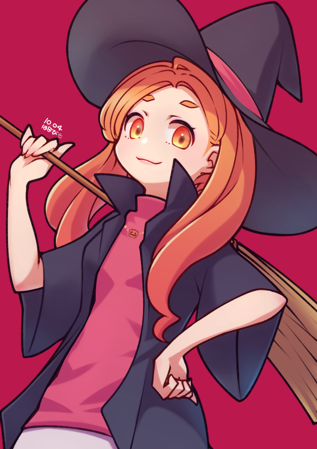 1girl, :3, artist_name, bangs, black_headwear, black_jacket, breasts, broom