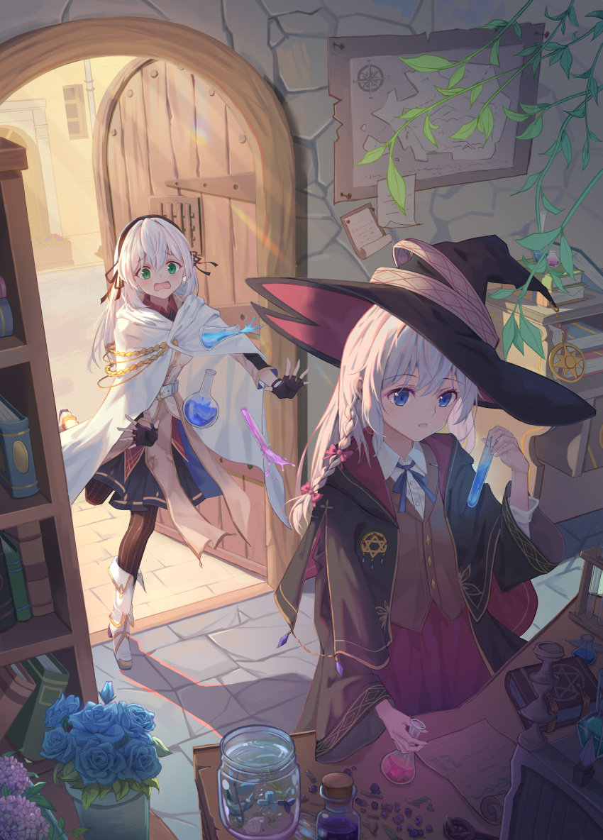 2girls, absurdres, al_guang, avilia_(majo_no_tabitabi), beaker, blue_eyes, book, bookshelf, boots, braid, chinese_commentary, collared_shirt, commentary_request, elaina_(majo_no_tabitabi), fingerless_gloves, flask, flower, gloves, green_eyes, hat, highres, jar, majo_no_tabitabi, map, multiple_girls, rose, shirt, skirt, test_tube, white_hair, witch_hat, wooden_door