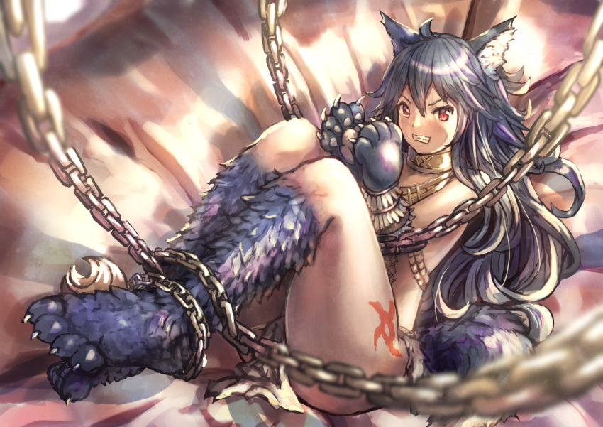 1girl, ahoge, animal_ears, bare_arms, bare_legs, bare_shoulders, blue_hair, bound