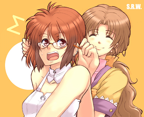 adjusting_glasses, blush, earrings, glasses, happy, ibis_douglas, jewelry, kannagi_kaname