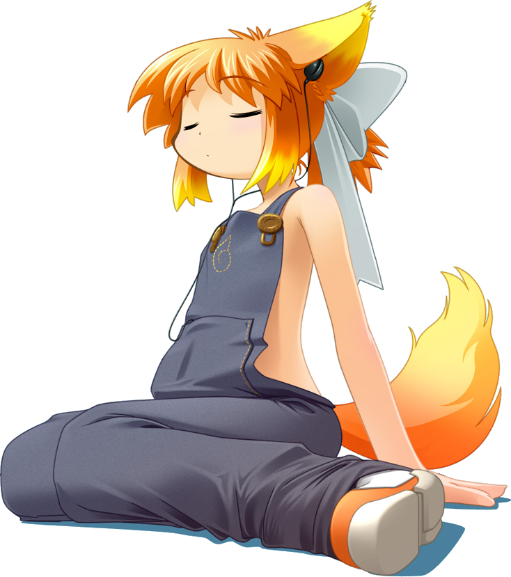 1girl, animal_ears, closed_eyes, earbuds, earphones, firefox, flat_chest, fox_ears