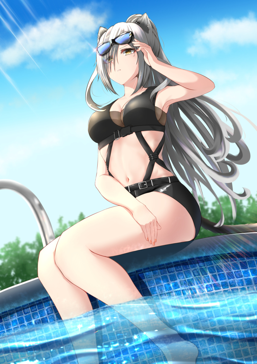 1girl, absurdres, animal_ears, arknights, bangs, bare_legs, black_shorts, blue_sky