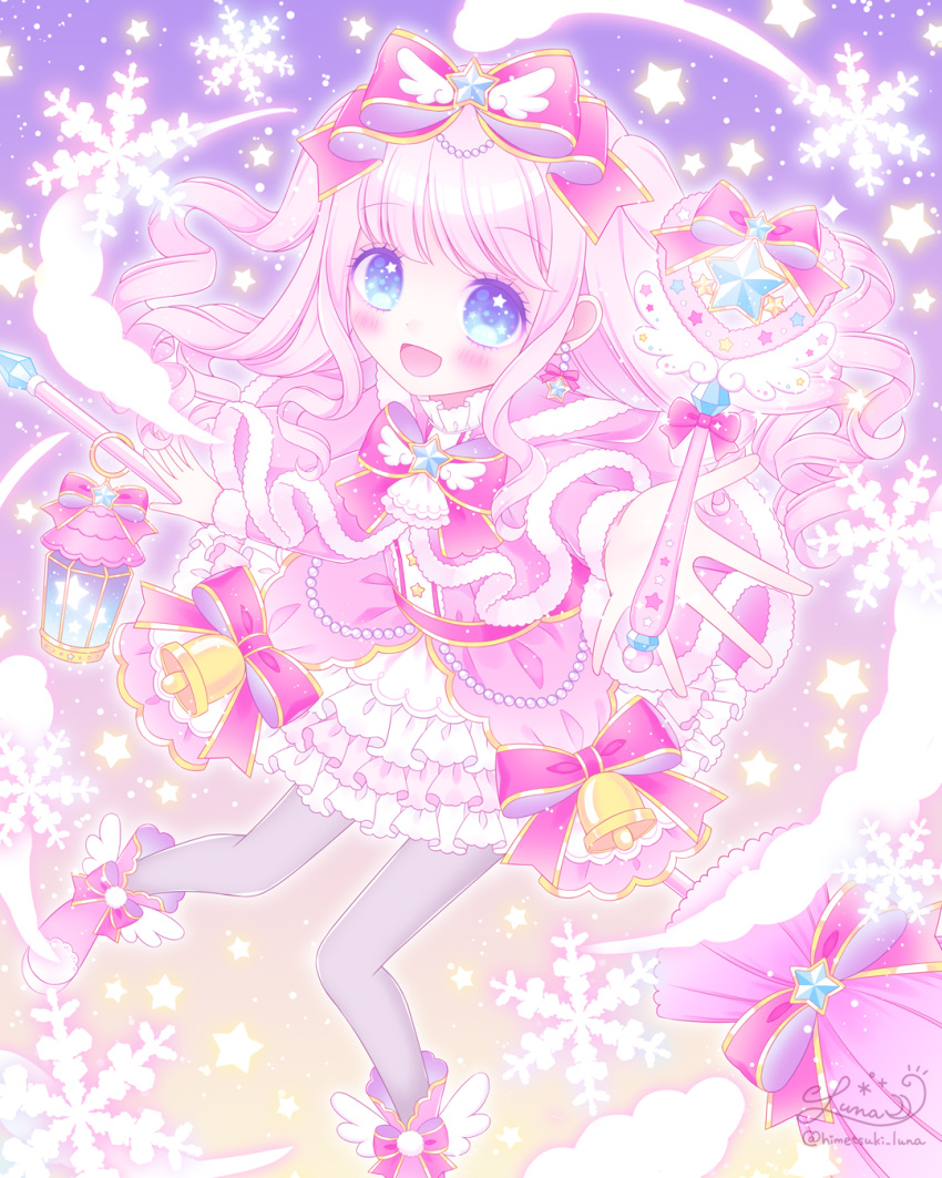 1girl, :d, bangs, blue_eyes, blush, boots, bow, capelet