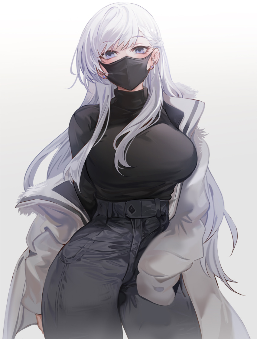 1girl, azur_lane, bangs, belfast_(azur_lane), black_mask, blue_eyes, braid, breasts