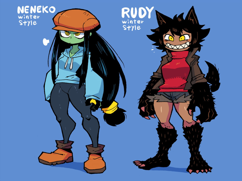 2girls, =3, alternate_costume, animal_ears, ankle_boots, arms_at_sides, barefoot, black_fur, black_hair, black_skin, blue_hoodie, blue_shorts, boots, brown_jacket, cabbie_hat, claws, closed_mouth, colored_skin, commentary, dark_skin, dark-skinned_female, denim, denim_shorts, english_commentary, fur-trimmed_shorts, fur_trim, green_skin, grey_pants, hat, high_collar, highres, hood, hood_down, hoodie, jacket, long_hair, long_sleeves, low-tied_long_hair, mixed-language_commentary, monster_girl, multiple_girls, neneko_(rariatto), notice_lines, open_clothes, open_jacket, orange_footwear, orange_headwear, original, pants, rariatto_(ganguri), red_sweater, ringed_eyes, rudi_(rariatto), sharp_teeth, short_shorts, shorts, sweater, teeth, very_long_hair, wolf_ears, yellow_eyes