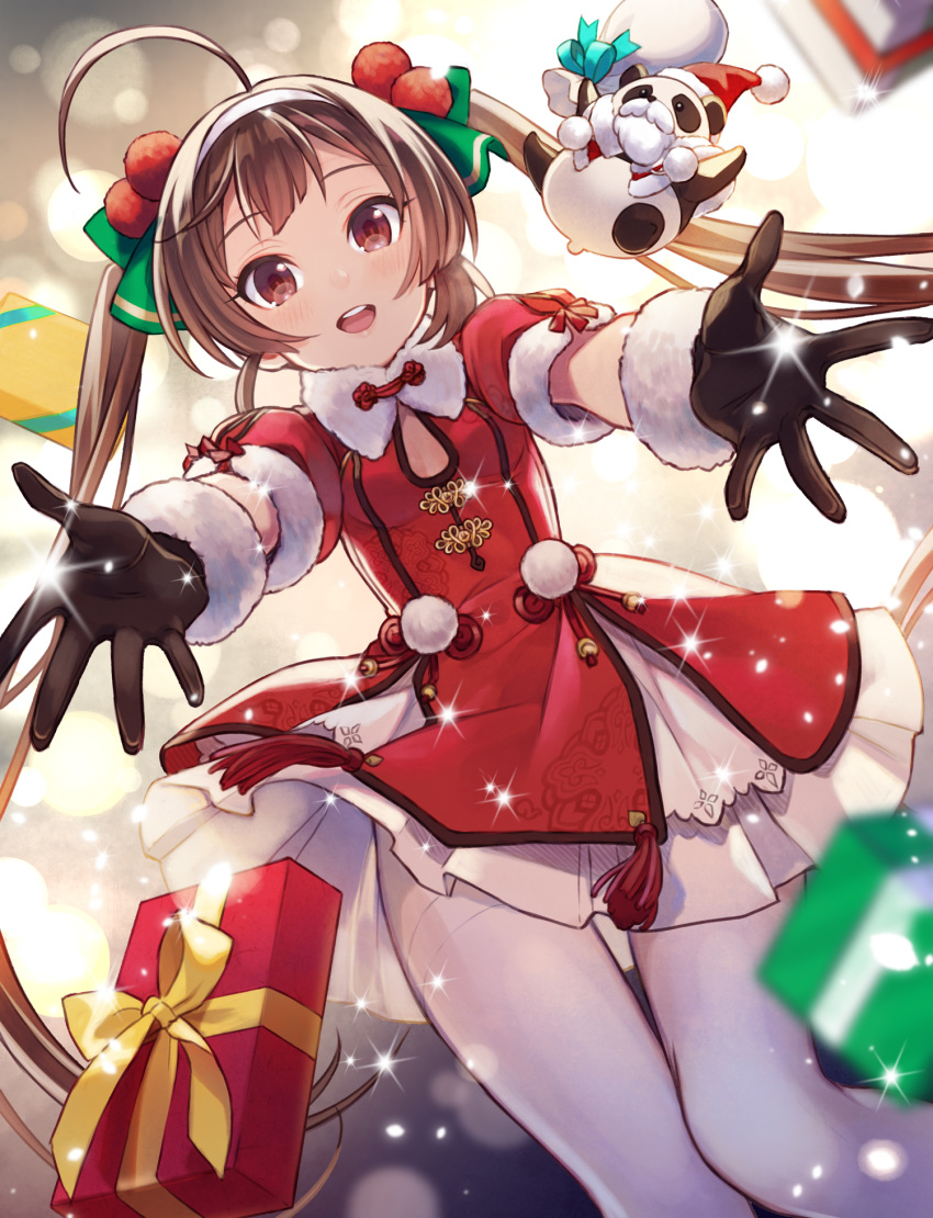 1girl, ahoge, azur_lane, black_gloves, box, breasts, brown_eyes, brown_hair