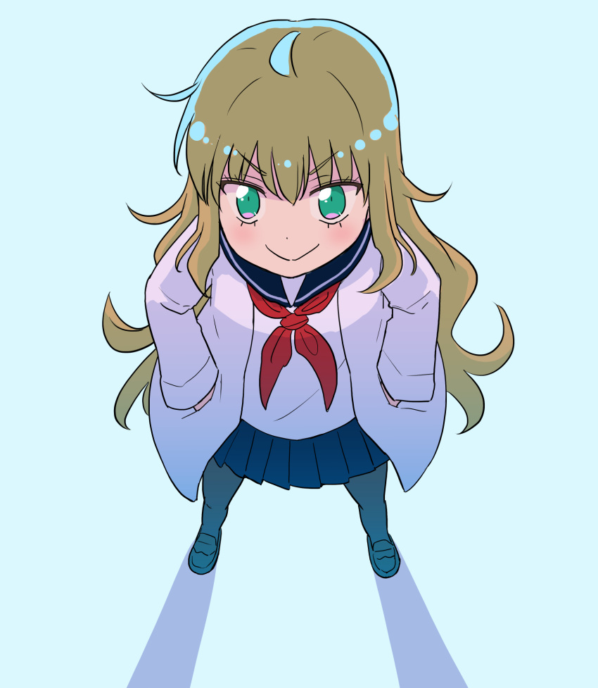 >:), 1girl, ahoge, bangs, black_legwear, blue_sailor_collar, blue_skirt, brown_hair, closed_mouth, commentary_request, eyebrows_visible_through_hair, full_body, green_eyes, hair_between_eyes, hands_in_pockets, harunatsu_akito, highres, labcoat, loafers, long_hair, long_sleeves, neckerchief, open_clothes, original, pantyhose, pleated_skirt, red_neckwear, sailor_collar, school_uniform, serafuku, shirt, shoes, skirt, smile, solo, standing, v-shaped_eyebrows, very_long_hair, white_shirt