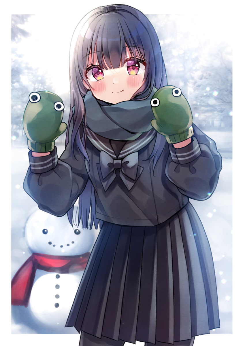 1girl, bangs, black_hair, black_legwear, black_sailor_collar, black_serafuku, black_skirt, blush, closed_mouth, commentary_request, eyebrows_visible_through_hair, green_mittens, hair_between_eyes, highres, long_hair, long_sleeves, minami_saki, mittens, original, pantyhose, pleated_skirt, puffy_long_sleeves, puffy_sleeves, red_eyes, sailor_collar, school_uniform, serafuku, skirt, smile, snow, snowing, snowman, solo, standing, very_long_hair