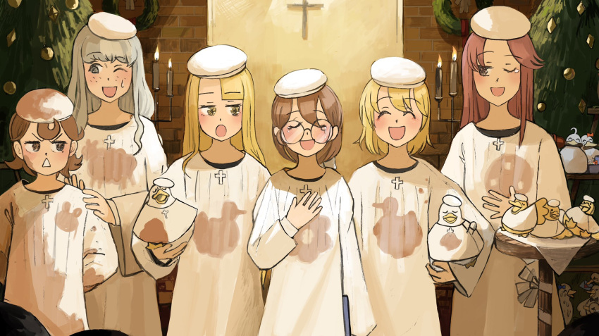 6+girls, :d, :o, ;d, ^_^, animal, animal_on_arm, bangs