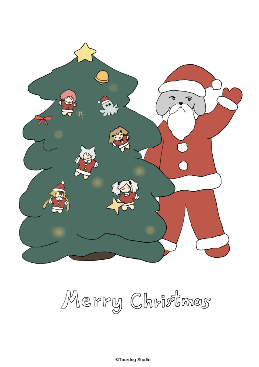 1boy, 5girls, alchemy_stars, beard, bell, bow, carleen_(alchemy_stars), christmas