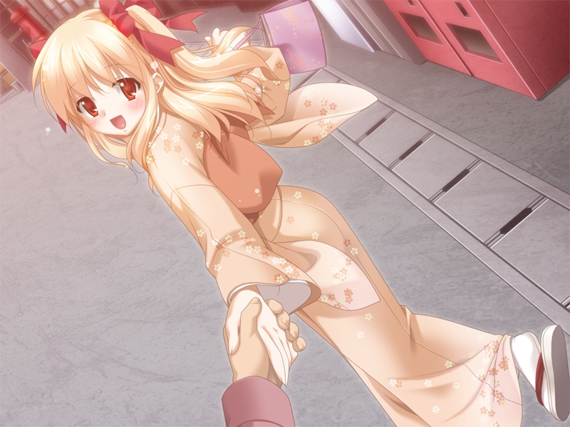 aki_no_urarano_akane_iro_shouten_gai, blonde_hair, blush, dutch_angle, game_cg, hair_ribbon, hair_ribbons, hand_holding