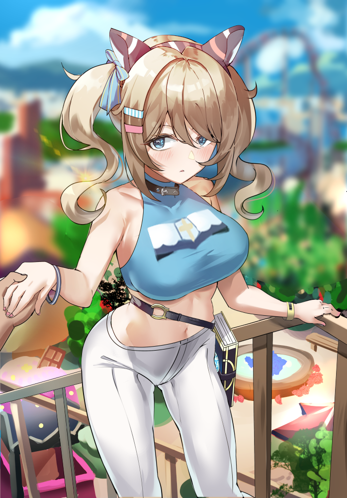 1girl, against_fence, amusement_park, animal_ears, bangle, barbara_(genshin_impact), bare_arms, bare_shoulders