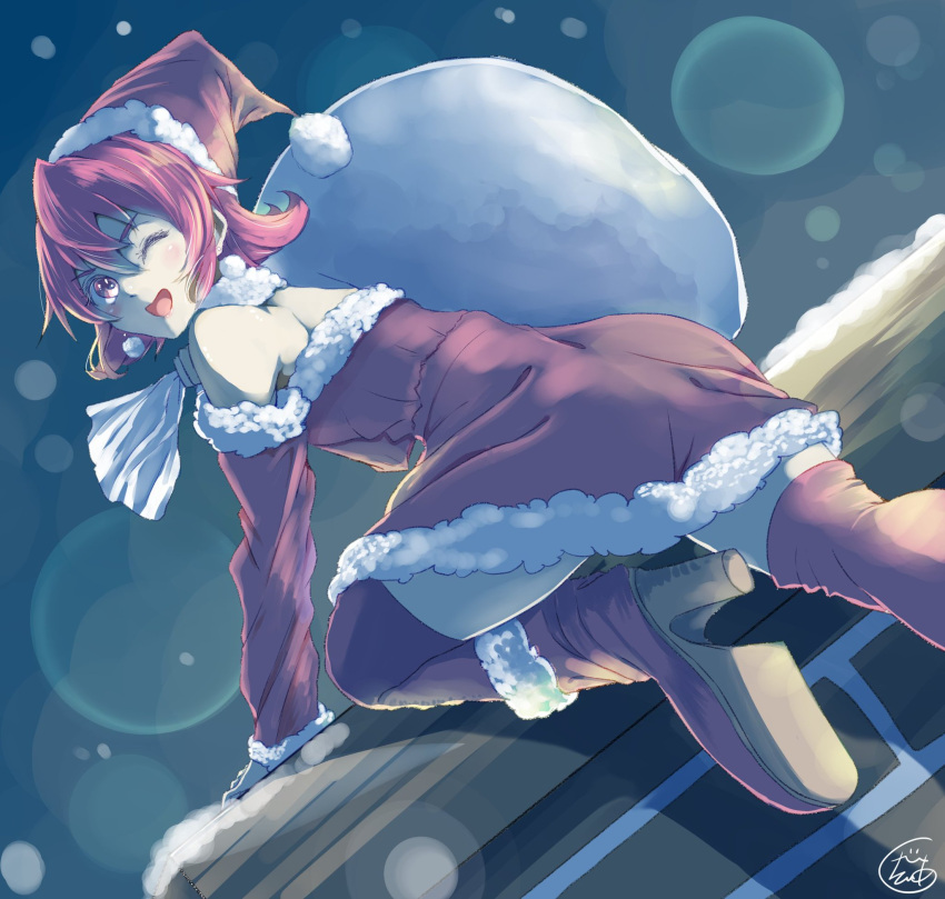 1girl, ;d, aida_mana, bare_shoulders, boots, chimney, christmas, climbing